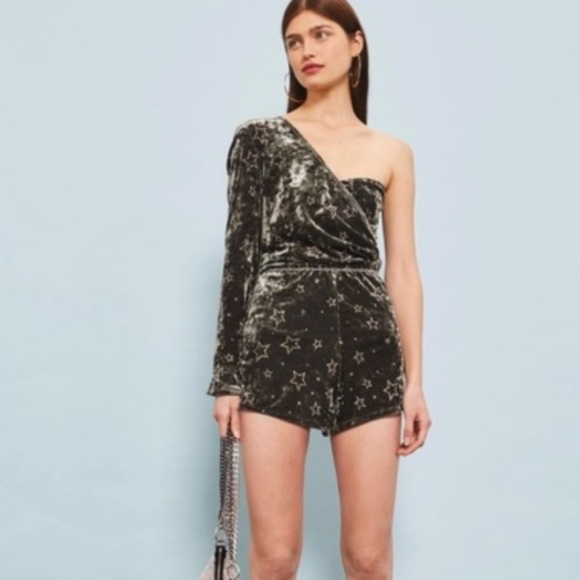 Topshop Pants - NWT Topshop Foil Star Velvet One-Shoulder Romper 2